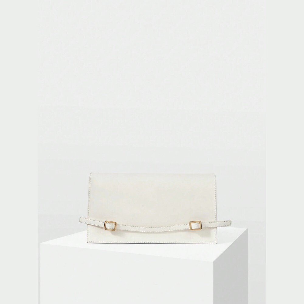 Cream Envelope Clutch With Gold Buckle Strap Detail